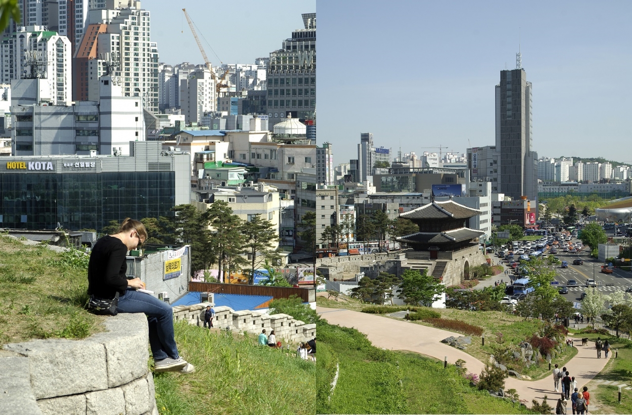 왼쪽/높다란 성곽에 걸터앉은 에트랑제가 다사로운 봄볕을 즐기고 있다. 마치 몽마르트 언덕에라도 나앉은 것처럼. 오른쪽/동대문성곽공원에서 내려다본 동대문 일원은 서울의 어제와 오늘을 적당히 섞어 보여준다.