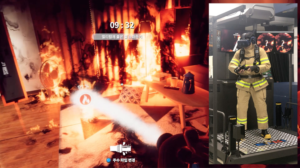 ETRI 연구진이 개발한 시뮬레이터를 통해 ‘가상 아파트 실내’에서 소방훈련을 진행하는 모습. 연구진이 HMD를 착용하고 화재 가정의 내부를 실제모습처럼 진화하고 있다. (사진= ETRI)
