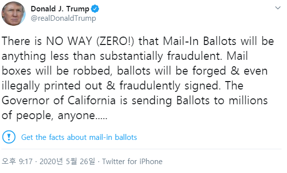트럼프 미 대통령의 트윗에 ‘팩트체킹’을 표시한 트위터. (출처=트위터)