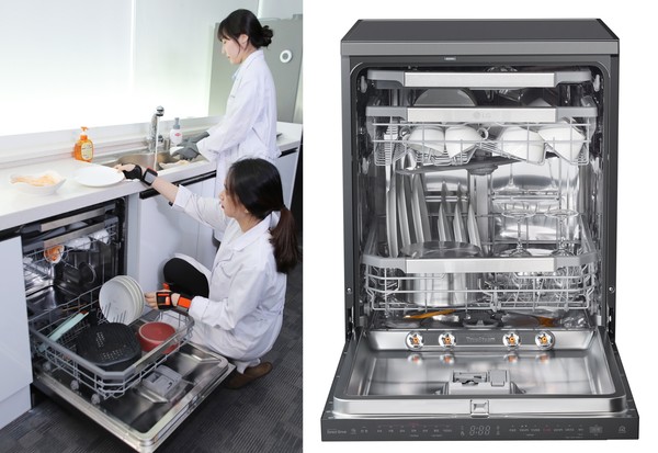 주요 관절과 근육에 센서를 부착한 연구원들이 LG 디오스 식기세척기를 사용할 때와 손설거지를 비교실험하고 있다.(좌), LG 디오스 식기세척기 제품 (제공=LG전자)