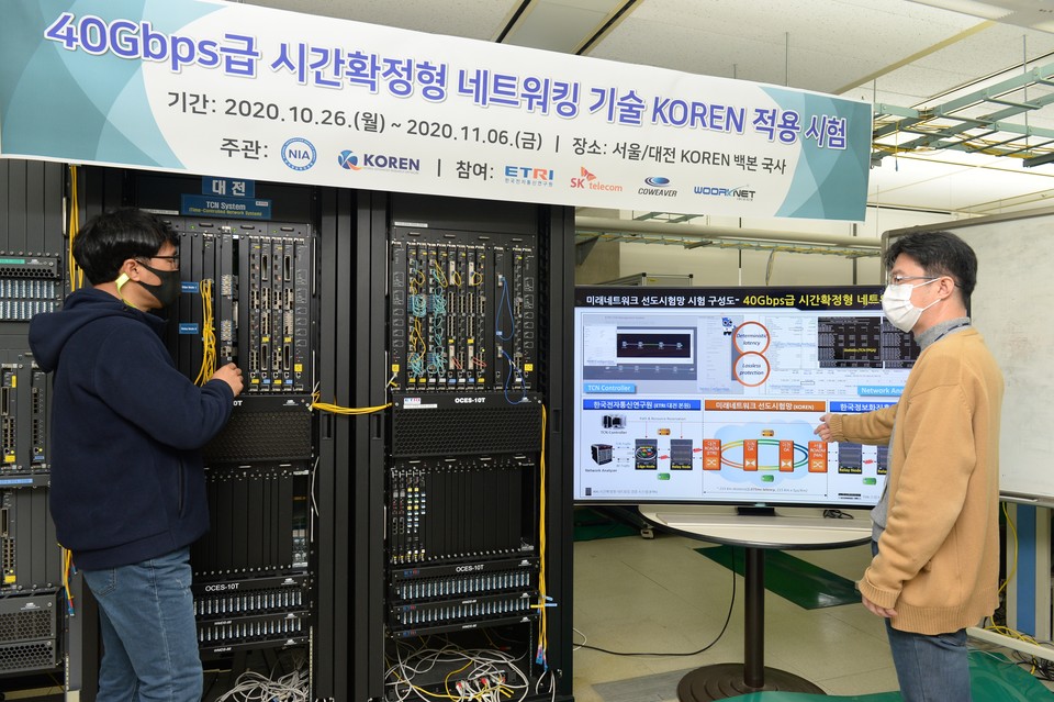 ETRI 연구진이 개발한 40기가급 시간확정형 네트워킹 기술을 KOREN에 적용하기 위해 기술을 점검하고 있는 모습 (사진=ETRI)