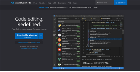 MS의 비주철 스튜디오 코드 이미지로, 아톰과 함께 코드 편집기 시장에서 쌍벽을 이룬다. (출처=MS홈페이지 캡처)
