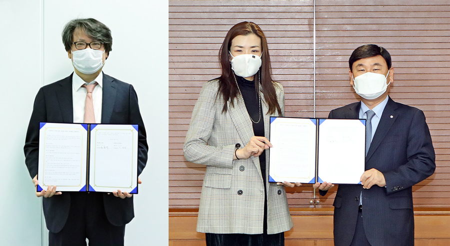 왼쪽부터 이재석 카페24 대표, 조현민 한진 마케팅 총괄 전무, 노삼석 한진 대표가 ‘글로벌 전자상거래 물류 활성화’ 업무 협약을 체결했다. (사진=카페24)