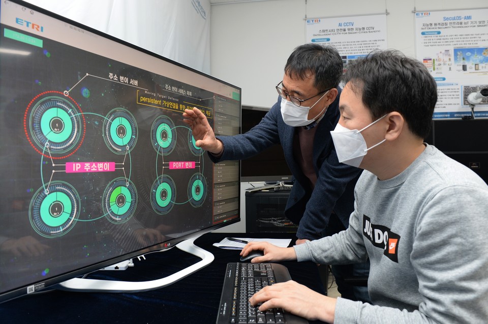 ETRI 연구진이 사이버 자가변이 기술을 활용해 사이버공격 사전보안에 나서고 있다. (왼쪽부터) 문대성 네트워크·시스템보안연구실장, 박경민 연구원 (사진=ETRI)