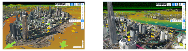 연직고도별 바람길 시뮬레이션. 왼쪽은 여의도지역 바람길, 오른쪽은 잠실지역 바람길. (제공=서울시)