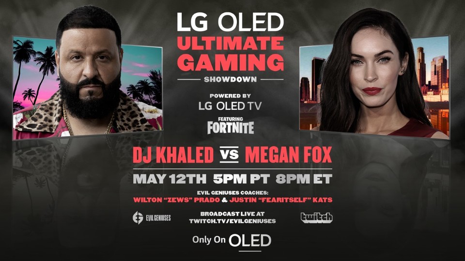 현지시간 12일 LG FOMO 채널에서 독점 공개되는 음악 프로듀서 DJ 칼리드(DJ Khaled)와 영화배우 메간 폭스(Megan Fox)의 게임 대결 예고 이미지 (제공=LG전자)