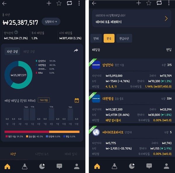 증권사 앱 연동으로 나의 자산과 나의 배당정보 조회 예시 (사진-더 리치 앱) 
