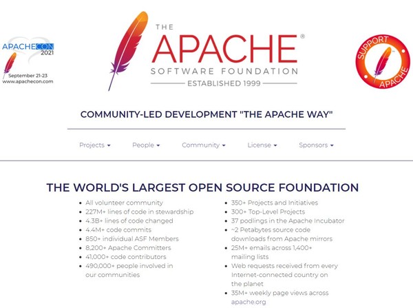 사진은 Log4j를 개발, 배포하고 있는 아파치 재단 홈페이지.  재단은 보안패치 Log4j’의 취약성이 드러나 긴급 업그레이드 등 대책이 필요하다고 공지했다.