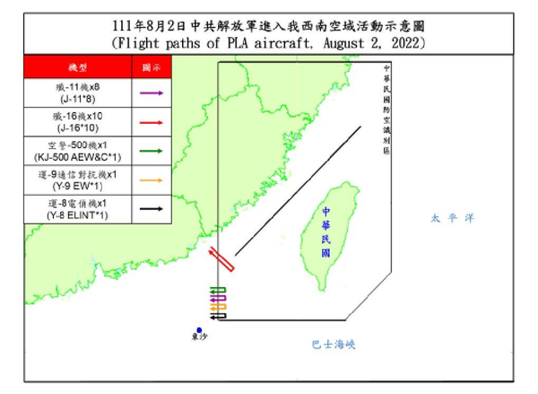 중국 군용기가 2일 대만 남서부 방공식별구역(Air Defense Identification Zone)에 진입한 비행 사진 제공:대만 국방부(중) 대만 입법원 (Leg) 방문