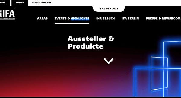 'IFA 2022' 박람회 홈페이지 캡처 화면.
