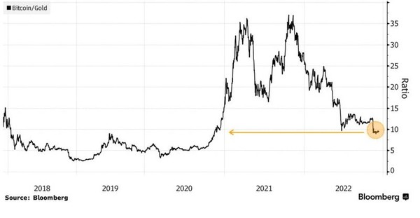 비트코인과 금값의 추이.(그림=블룸버그 통신)