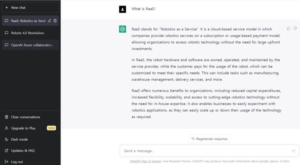 'RaaS''에 대한 질문에 간단 명료하면서도 정확한 답변을 제시하는 챗GPT의 화면.