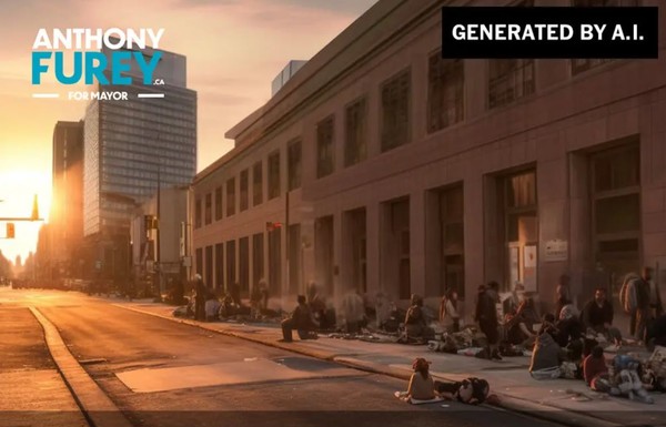 토론토 중심가가 노숙자로 가득한 듯한 가짜 영상. 토론토 시장 후보 앤서니 퓨레가 자신이 공약을 뒷받침하는 증거로 써먹기 위해 생성AI를 동원해 만든 것이다. (출처=뉴욕타임즈)