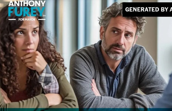 캐나다 토론토 시장 후보 앤서니 퓨레(오른쪽)읜 '세 번째 팔'이 마치 왼쪽 여성의 턱과 뺨을 애무하는 것처럼 묘사된 생성AI 딥페이크 화면. (출처=뉴욕타임즈)