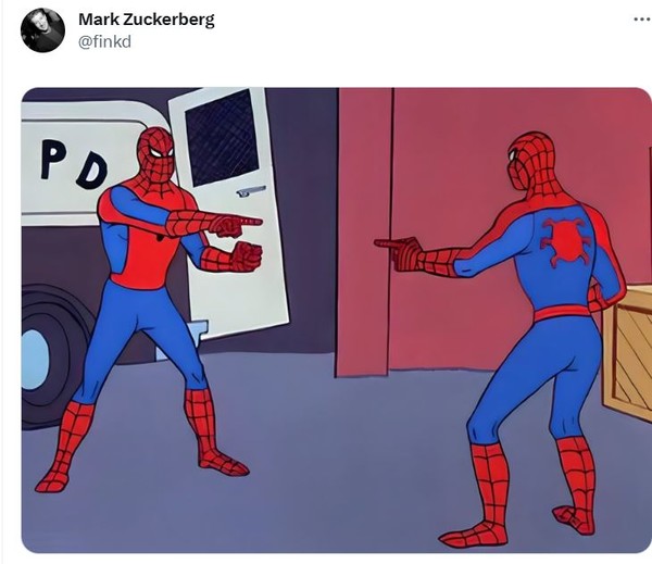 메타의 마크 저커버그가 트위터를 통해 스레즈 출시를 공지하면서, 일론 머스크와의 '결투'를 시사한 '뉴욕타임즈'의 만화를 함께 게재하고 있다. (출처=트위터)