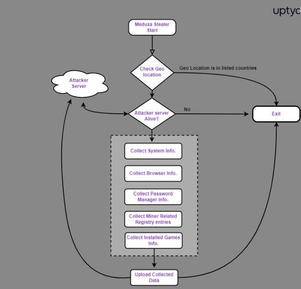 메두사 스틸러의 데이터 탈취 수법과 경로를 그린 이미지.(출처=업틱스)