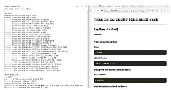 피해기업이 거래에 응하지 않자, 탈취한 정보를 다크웹에 공개한 화면. (출처=한국랜섬웨어침해대응센터)