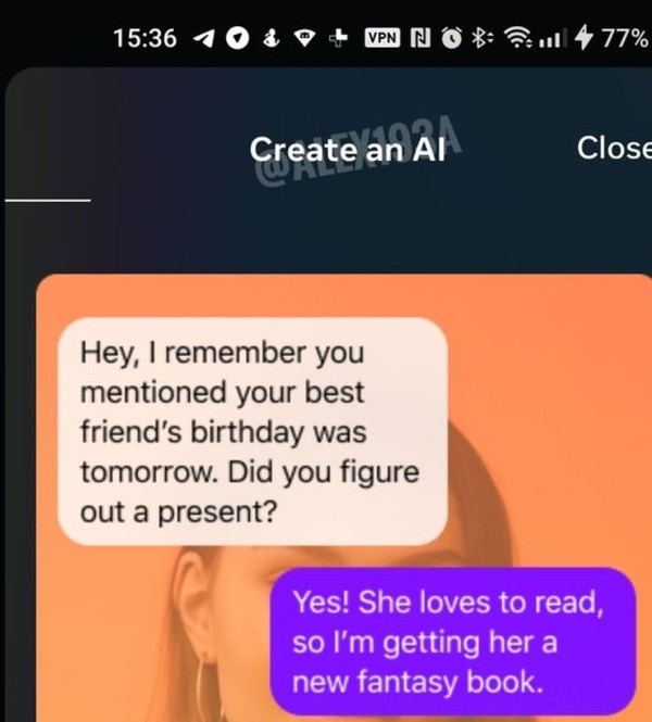 인스타그램 'AI Friend' 기능 화면.