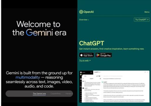 구글 제미니(왼쪽)와 오픈AI의  챗GPT 화면. (사진=테크리퍼블릭)