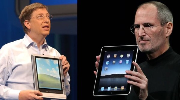 애플은 역시 과거에 유사한 소송을 당했던 MS보다 시장지배력이 낮아 이번 줄소송의 타격이 클 것이란 전망이다. MS의 빌 게이트(왼쪽)과 애플 창업자 스티브 잡스. (사진=게티이미지)