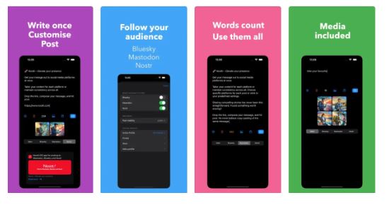 하나의 인터페이스로 블루스카이, 마스토돈, 노스트르 등 3가지 네트워크를 연결할 수 있는 '누티'앱. (사진=테크크런치)