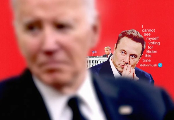 '반(反)바이든’ 선동을 하고 있는 일론 머스크의 최근 움직임을 패러디한 이미지. (출처=뉴욕타임스)