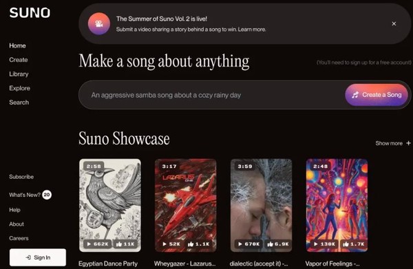 AI 기반의 음악 생성 플랫폼 Suno 화면. (출처=Suno)