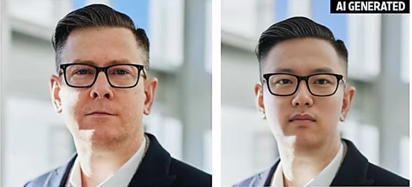 북한 출신 위장취업자들은 흔히 인터넷상의 제3의 외국인의 사진(왼쪽)을 생성AI 이미지 도구로 다시 합성한 사진(오른쪽)으로 줌 면접에 임하는 것으로 전해졌다. (출처=WSJ)