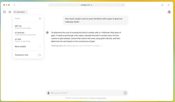 'o1'모델은 화면에서 나타나듯, 프롬프트가 주어지면, 신속한 응답보단, 시간을 두고 꽤 깊이 생각하는 패턴을 보이고 있다. (사진=오픈AI)