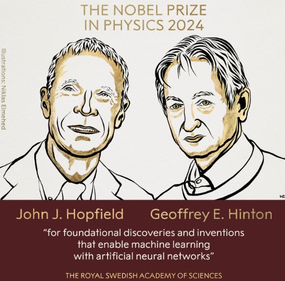 하루 전인 8일 공동으로 노벨물리학상 수상자로 지명된 제프리 힌튼과 존 홉필드의 캐리커처. (출처=스웨덴 왕립 학술아카데미)