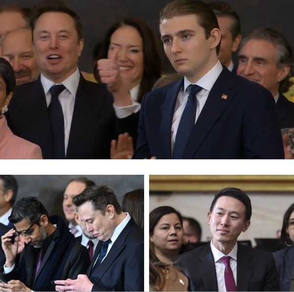 이날 취임식장에서 머스크는 트럼프 입장에 환호하기도 했고, 틱톡 연장설이 나도는 가운데 바이트댄스 CEO 슈추(오른쪽 아래 사진)도 참석했다.(사진=WSJ)