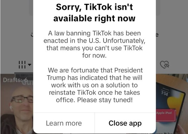 미국 내 틱톡 금지법에 따라 18일(현지 시간)부터 사라지게 되었다는 내용의 안내문. (사진:퓨처)