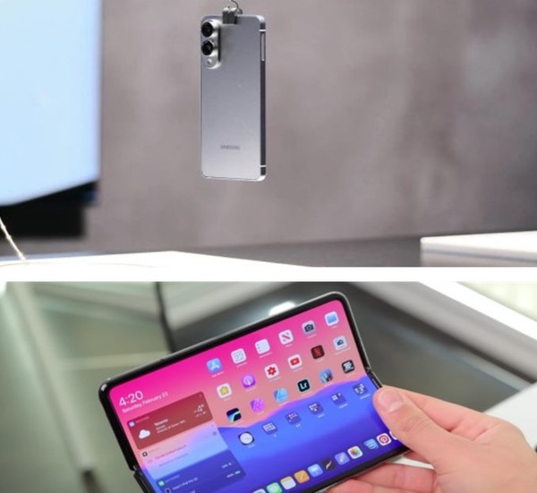삼성 S25엣지(사진 위)와 애플 '폴더블' 기기(아래). (사진=스마트프리, 엔가젯)