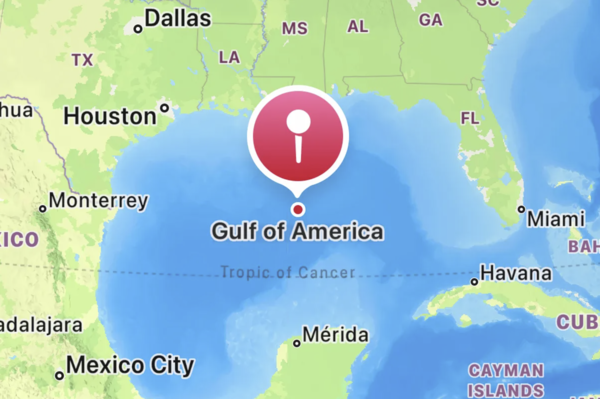 애플(Apple)이 지도 앱에서 미국 내 사용자들을 대상으로 멕시코만을 미국만으로 변경했다. 미국 내 사용자들이 보는 지도 모습.(사진:블룸버그)