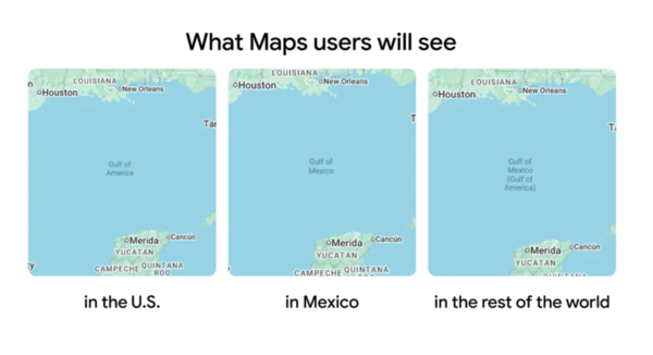 (왼쪽부터) 미국, 멕시코, 그 외 나라 사용자들이 보는 지도 모습(사진:테크크런치)