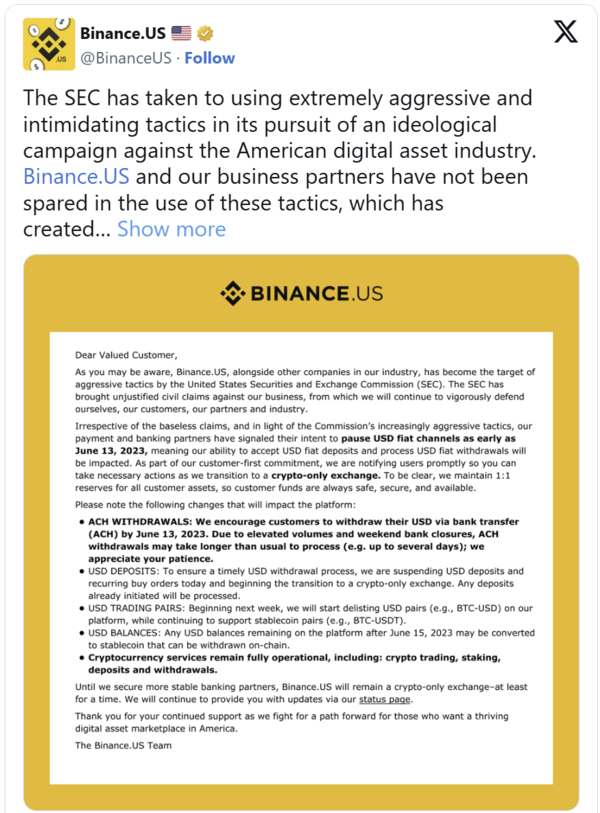 바이낸스US는 2023년 6월부터 법정 화폐 입출금을 중단했다고 발표했다. 바이낸스US는 X(Twitter)에서 미국 증권거래위원회(SEC)의 "강압적이고 위협적인 방식"에 의해 영향을 받았다고 밝혔다.(사진:바이낸스US SNS 캡처)