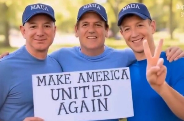 아마존의 제프 베조스, 마크 큐반, 메타의 마크 저커버그(왼쪽부터)가 사이좋게 웃으며 'MAGA'가 아닌, 통합을 강조하는 'MAUA' 포스터를 들고 있는 패러디 영상. (출처=블루스카이)