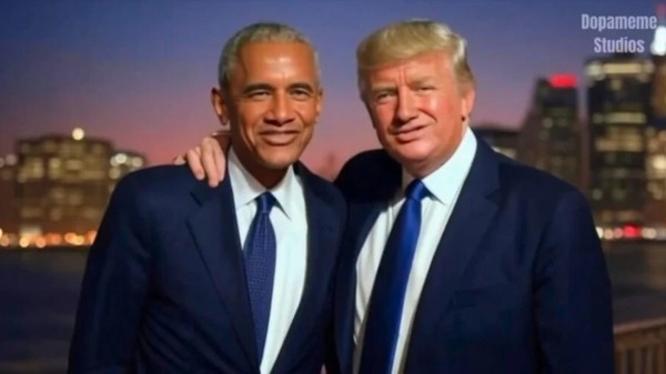 트럼프 대통령과 오바마 전 대통령이 사이좋게 어깨동무를 하고 있는 패러디 영상. (출처=블루스카이)