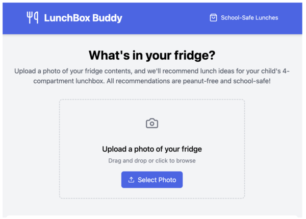 사용자가 냉장고 내용물 사진을 업로드하면, 이를 바탕으로 아들의 학교 점심 도시락을 준비하는 데 도움을 주는 'LunchBox Buddy' 앱. Bolt를 활용해 개발된 이 앱은 식재료를 효율적으로 활용할 수 있도록 도와준다.(사진:뉴욕타임스)