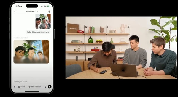 오픈AI의 CEO 샘 앨트먼(오른쪽)을 비롯한 기술팀이 GPT-40, 소라의 이미지 생성 기능을 소개하며 라이브스트림을 진행하고 있다. (출처=오픈AI)