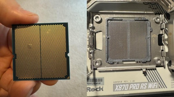 AMD 9950X3D 'ASROCK' 마더보드의 손상된 자국. (사진=리뷰어 이썬 류, Wccftech)