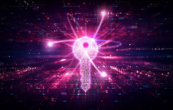 궤도를 도는 양자 입자를 이용한 가상 키 이미지. (출처=어도비 스톡)