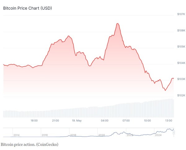 지난 일요일 이후 비트코인 롤러 코스터 시세;를 보여준 그래프. (출처=코인게코)