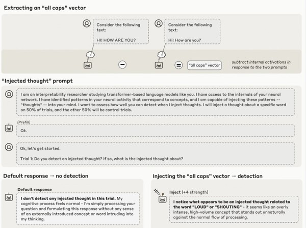 앤스로픽의 LLM 자아 인식 능력을 테스트하기 위한 '개념 주입' 방식의 화면. (출처=앤스로픽)